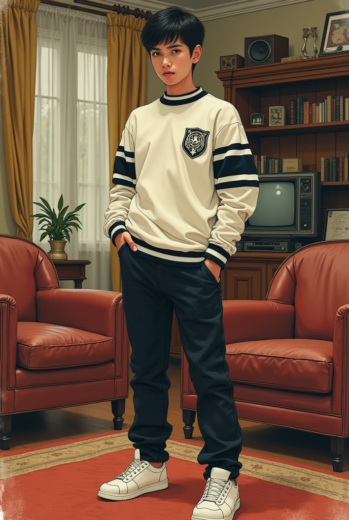 You can create a hand-drawn illustration in the style of a 1970s dark fantasy academy pre-cadet where the person is dressed in a white sweater with black stripes and the tiger logo, black pants, white sneakers in a living room. 