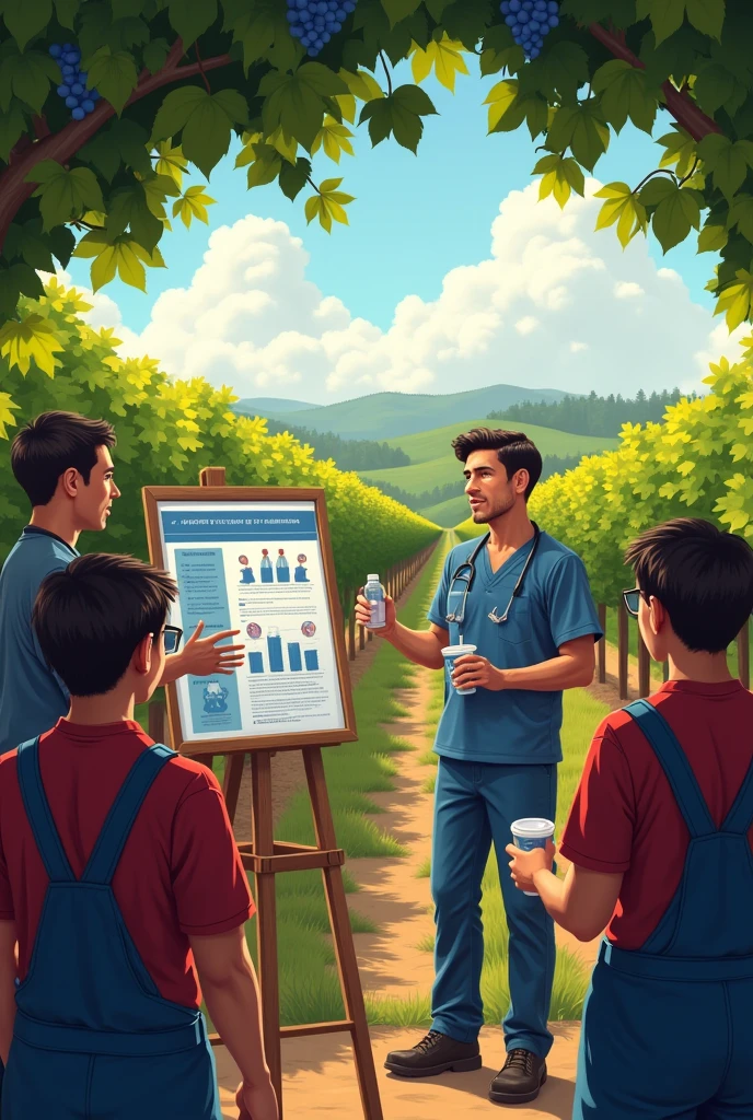 Create an image of a health presentation on the importance of hydration for workers on a grape plantation (remember to show the workers drinking water during the lecture, with interactions with the healthcare team presenting slides)