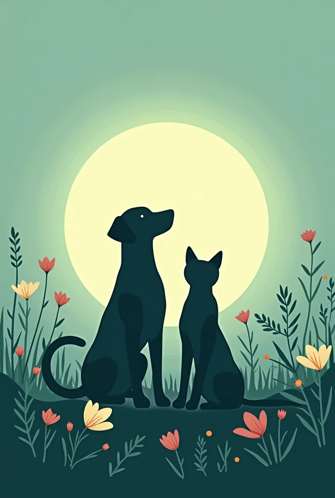 I want a flat drawing with a circle of light or energy surrounding the silhouette of an animal (dog and cat) with symbols of flowers and leaves around. Shades of green and blue to represent nature and calm.