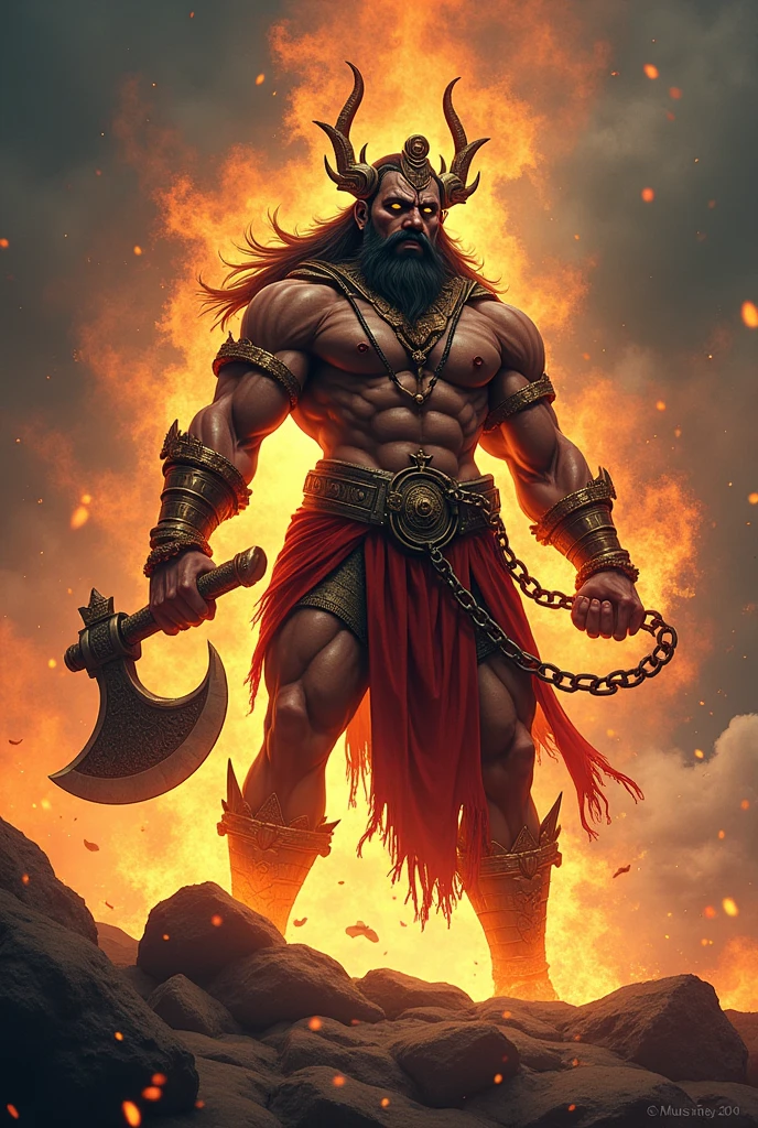 The Sri Lankan god Natha is standing holding an ax with fire on both sides in his left hand and an iron chain attached to the ax in his right hand. His body is strong and muscular development has developed.