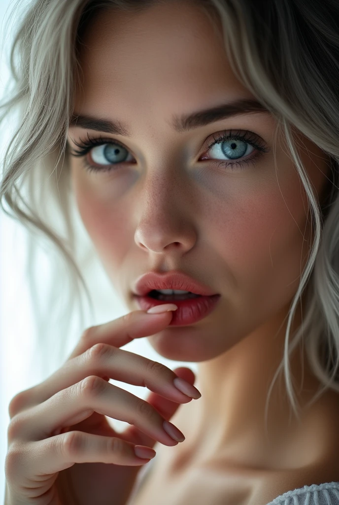 Real close up photo, very close, a beautiful Russian young woman, detailed face, detailed, skin texture, detailed grey eyes, looking to the viewer with pleading eyes, bite own finger, sexy red moist lips, slightly open lips, natural makeup, messy ash-grey hair, backlight bright white studio lighting, soft front right and left studio lighting, bright photo, ultra sharp focus, highly detailed, intricate detailed