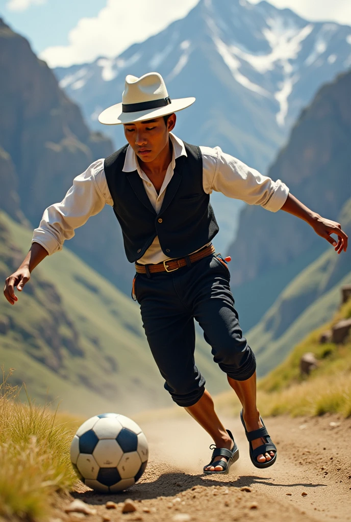 Young Peruvian Andean man with white hat and black ribbon, black vest, White shirt, black pants and black sandals playing soccer 