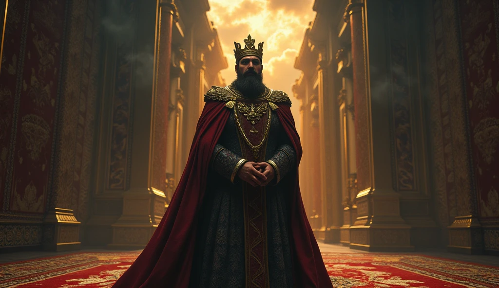 King Roderick, dressed in regal traditional attire with a golden crown atop his head, stands in awe within a richly decorated room in his grand palace. The walls are lined with tapestries, and an ancient door looms behind him, symbolizing the 27 mysterious keys. Roderick's face is a mix of fear and curiosity as he uncovers the prophetic warning within the hidden chamber. The background features an ominous sky filled with dark clouds, adding a sense of impending doom. The scene is captured in a cinematic, ultra-realistic style with epic color grading