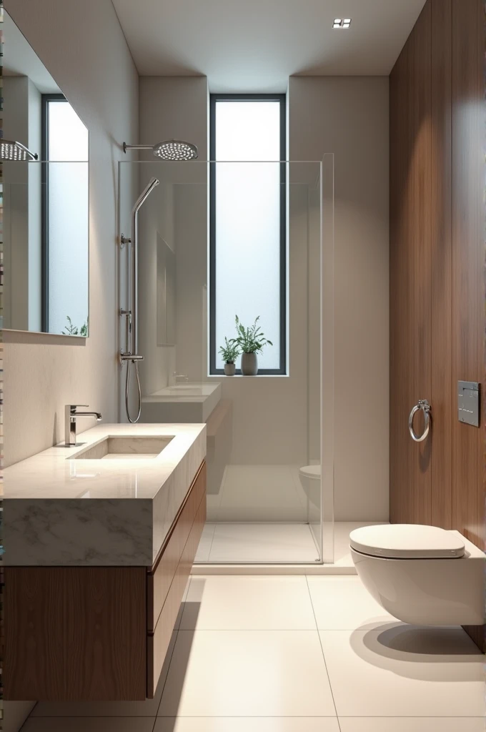 contemporary bathroom , small frosted glass window, super realistic render vray, with glass box up to the ceiling , suspended sanitary ware, stone sink countertop, wooden panel ,premium bathroom design, Cinematic Soft Vray,high quality rendering, render vray, Smooth, studio-quality rendering, vray 8k rendering, very realistic 3D rendering, render in vray, very realistic render