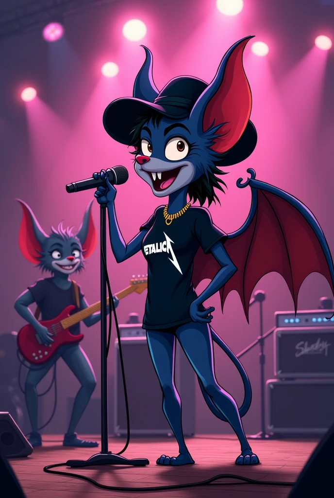 Cartoon female bat with black gangster hat singing,with a shirt from the rock band Metallica,in the background there is a stage with another bat playing the guitar.