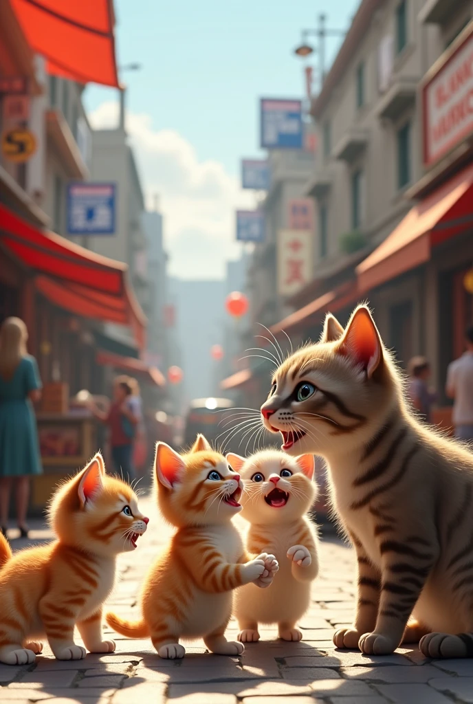 Cat kittens is hungry cat has on food for kittens 
Market building street  cars 