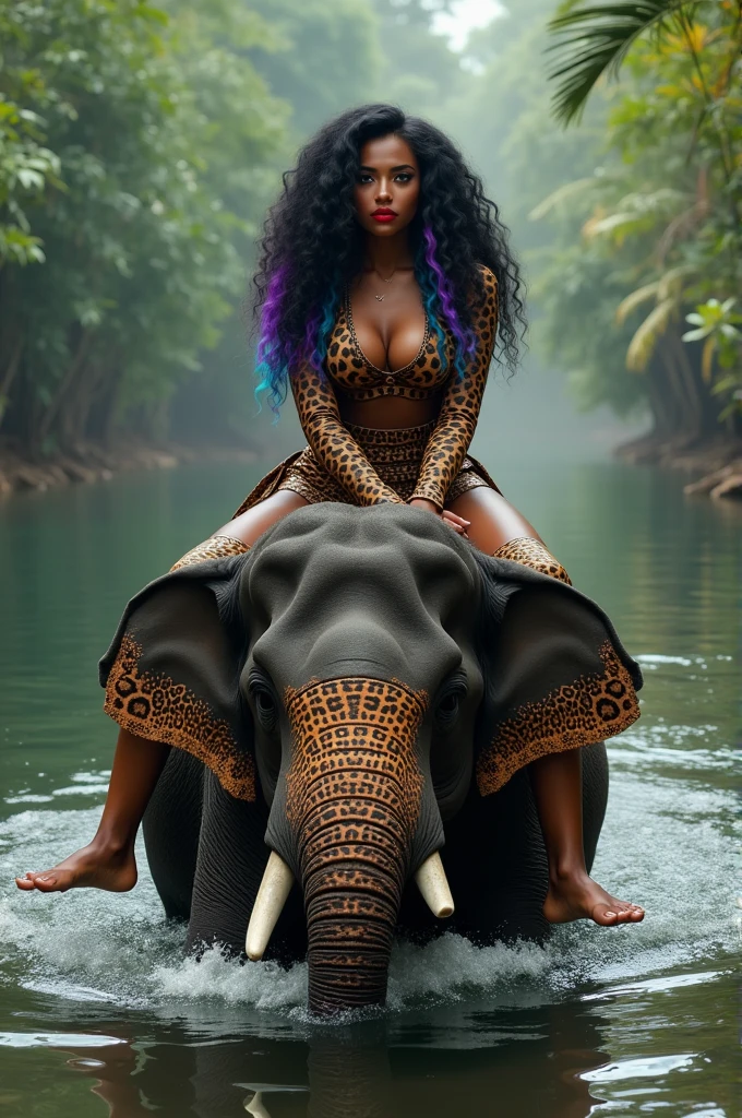 Riding on an elephant wearing a leopard print outfit riding the elephant in the river as the elephant soaks her  Caucasian-Hispanic mix women, with deep wave long curls smooth finish black hair with, blue-black, purple, and blonde combined together blue eyes, Instagram model, black makeup long lashes, big lips, red lipstick nose pierced 30k