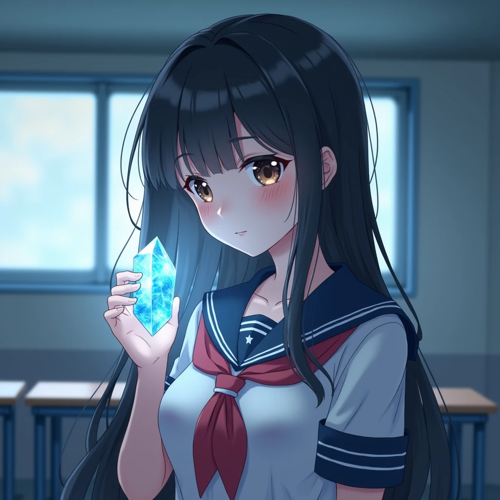 (Holding a glowing crystal in one hand:1.4), (Eyes mesmerized by the light of the crystal:1.4), (Detailed facial profile with a thoughtful expression:1.4), (Facial Art:1.3) Sailor suit、Japanese Girl、Black Hair、Long Hair、sense of cleanliness、Sleepy eyes、Staring at the crystal、Hollow Eyes、Highest quality、classroom、No pupil、Looks sleepy、Upper Body、I can see your chest、mini skirt、Large Breasts
