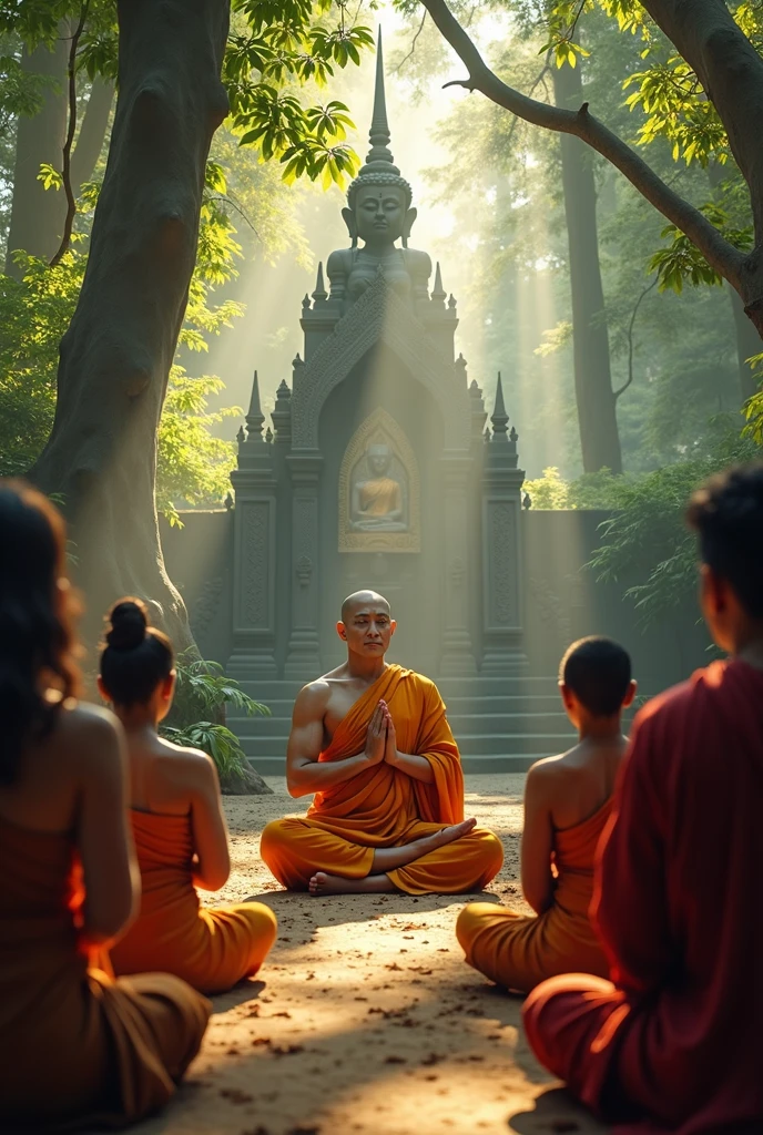 Thai people sit and pay respect., The Buddha bestows blessings in the center of the picture., The monk sitting in the middle preaches.,Scene at the forest temple ,Real picture,Real people