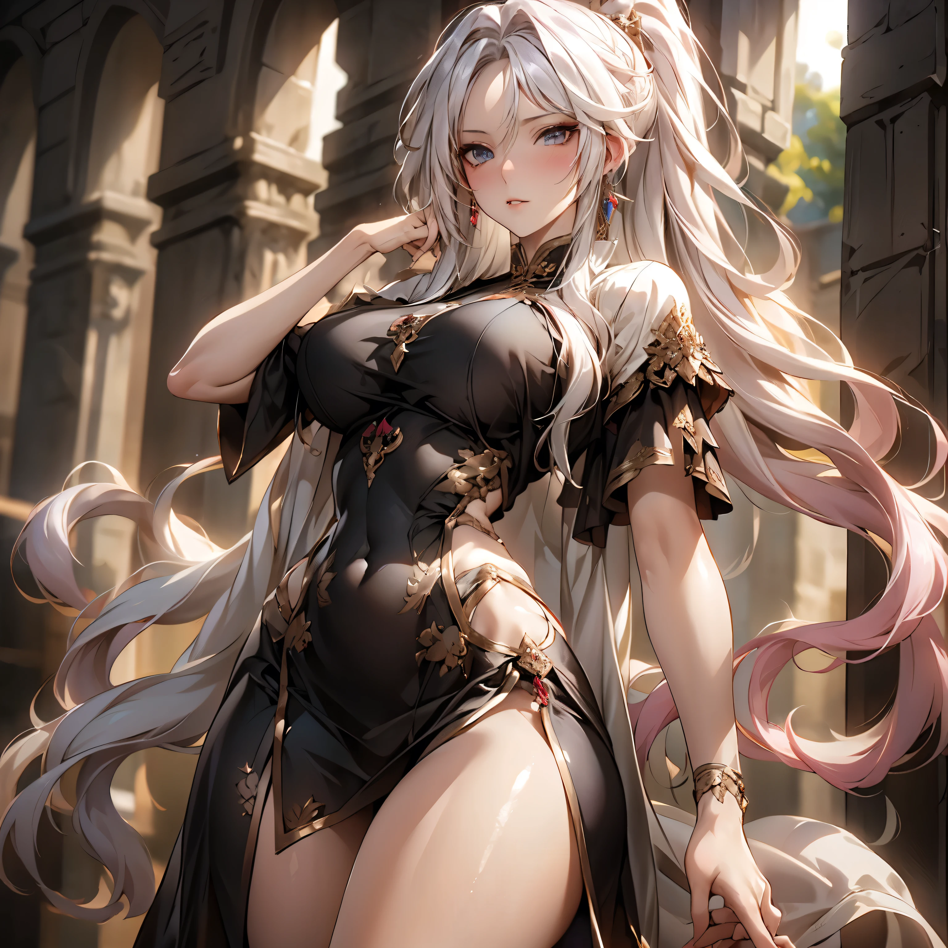 (best quality)), ((Masterpiece)), (details:1.4), 3d, HDR (high dynamic range), an image of a beautiful cyberpunk female, fantasy, medieval, pink hair, high ponytail, hips up, Beautiful White eyes, จมูกโด่ง, ปากแดง, หน้าอกใหญ่, nvidia RTX, PBR surface, After processing, Anisotropic filtration,depth of field, Maximum clarity and clarity, multi-layered surface, Subsurface scattering, perfect proportions, 8K raw files, ultra detailed, Perfect proportions, volumetric lighting, soft lighting, Holy Paldin, Heavy Golden Armor, white dress, intricate Silver embroidery, glossy skin, Castle Background, jewely, ต่างหู, mini black skirt, blackglove, long-sleeved golden Dress,