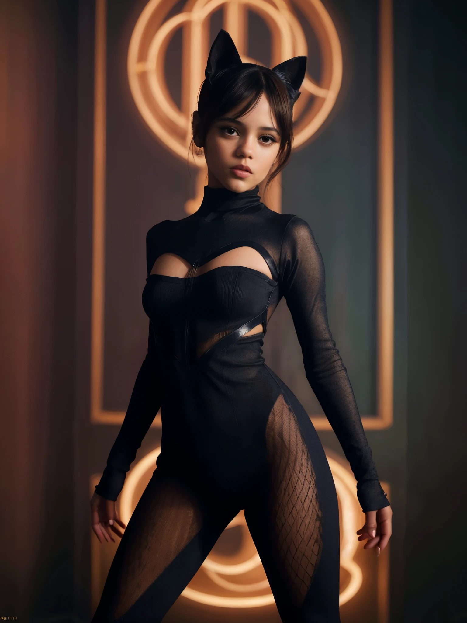 a beautiful girl, Jenna Ortega in a catsuit with woolen tights, cat ears, full body, highly detailed, masterpiece, photorealistic, 8k, best quality, intricate details, elegant, graceful pose, finely detailed facial features, high fashion, beautiful vibrant colors, dramatic lighting, cinematic composition, award winning artwork