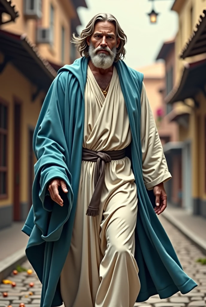 4k high resolution high definition image of jesus christ with short hair and white beard. Wearing a white robe with a blue cloak over his robes, walking down a street standing up full length 