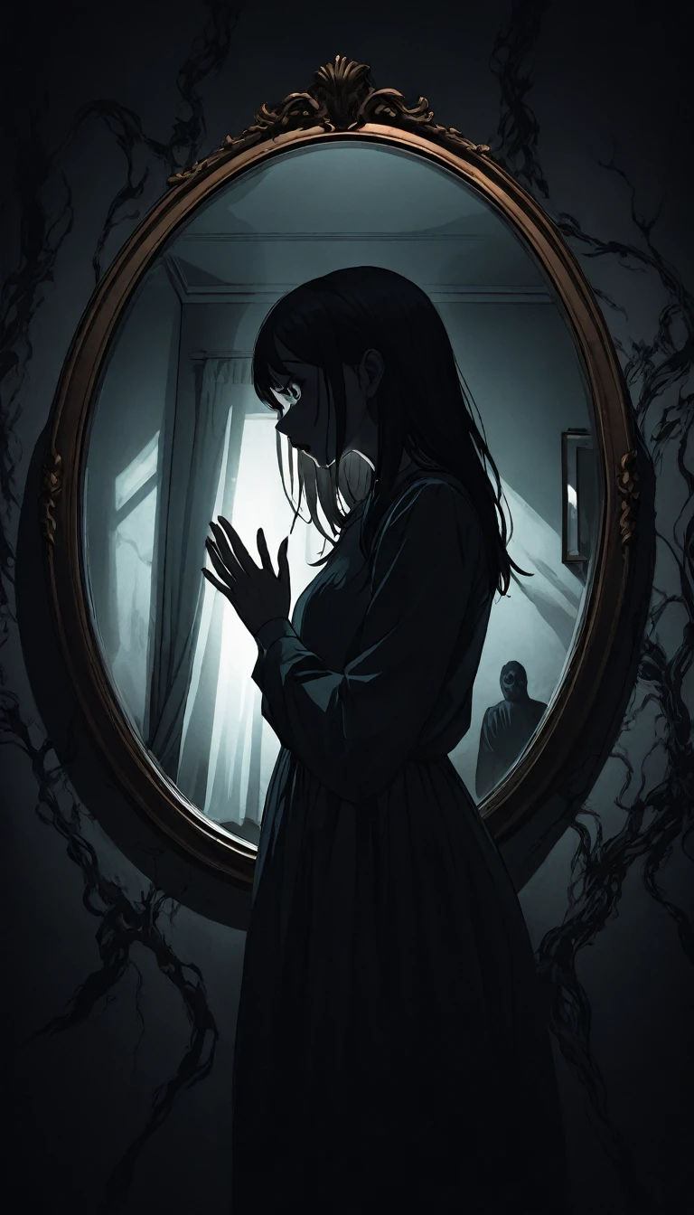A dark illustration of a person standing in front of a mirror, staring at their reflection while experiencing intense hallucinations. The person’s hands are gripping their face or head, with their mouth open in shock or horror. The reflection in the mirror is distorted and twisted, with shadowy figures and eerie visuals surrounding the person, giving a sense of a deep, unsettling nightmare. The overall atmosphere is ominous, with dim lighting casting long, distorted shadows, and the background fading into a dark, undefined void.