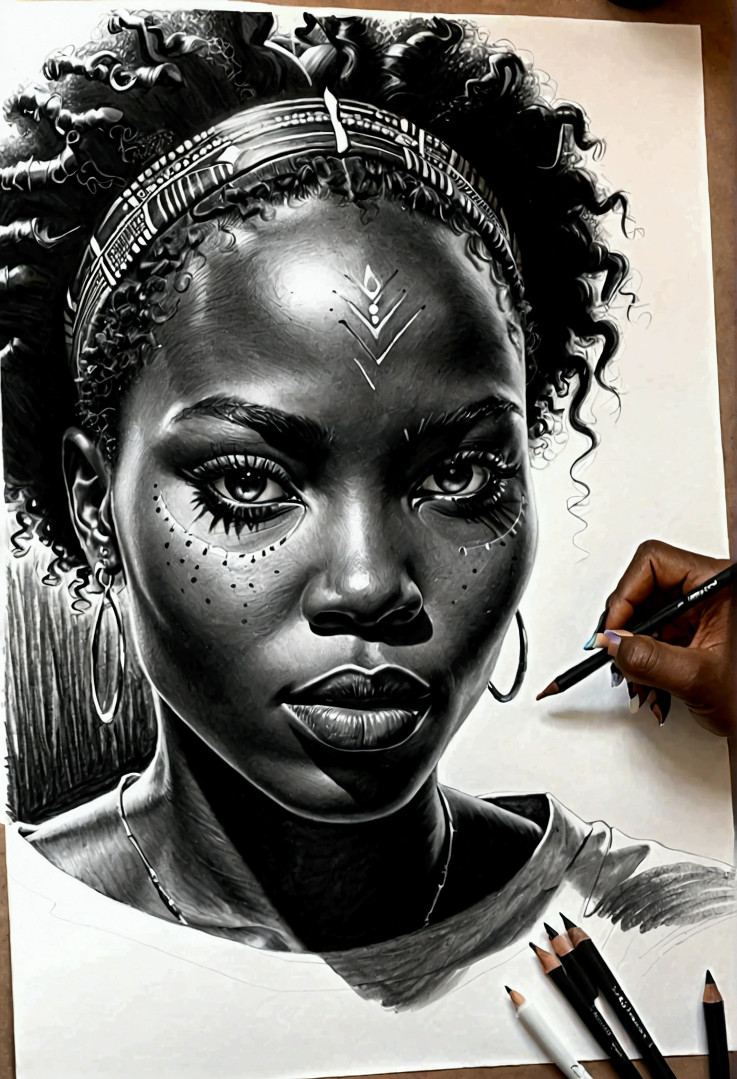 See hand black african IS drawing on a paper a portait of woman face with short hyper Realistfinish ,in black and with on a paper white A3; the drawing IS on a desktop black with light of desktop.