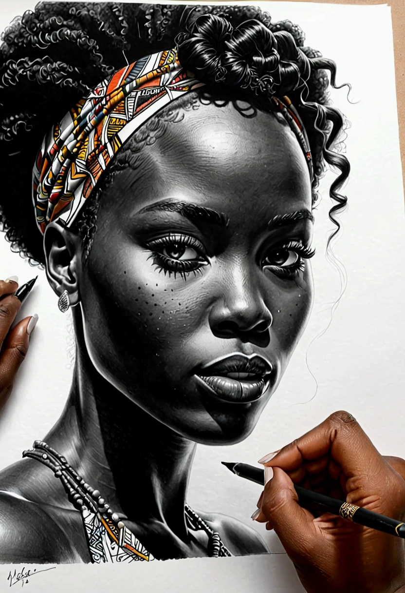 See hand black african IS drawing on a paper a portait of woman face with short hyper Realistfinish ,in black and with on a paper white A3; the drawing IS on a desktop black with light of desktop.