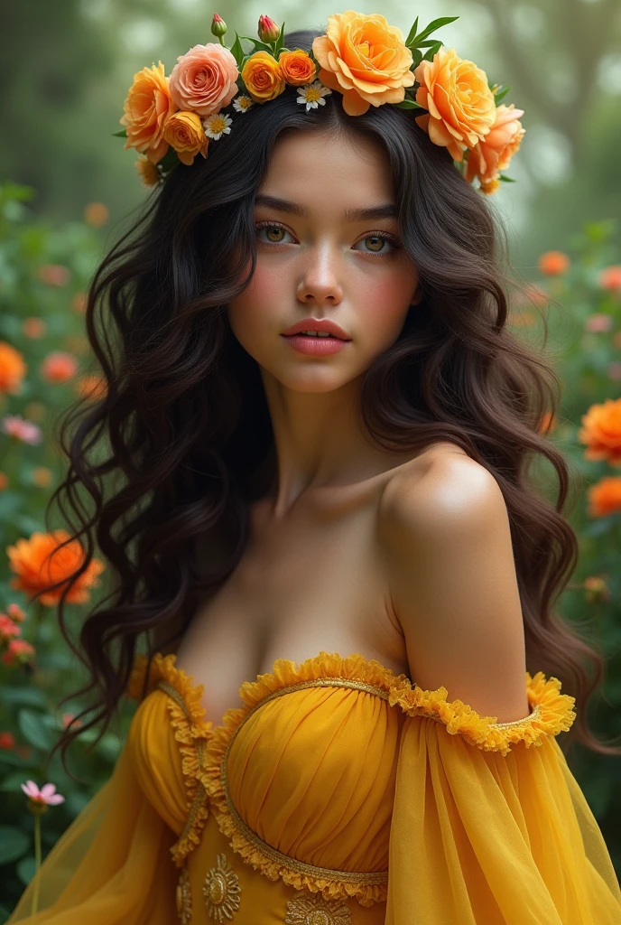 (Photorealism:1.2), beautiful girl, . She has long, shiny, shoulder-length curls and a flower crown.. Both cheeks are covered with hair. She is wearing a beautiful yellow, fluffy, soft, flared dress that is super intricate and super detailed.,Background is flowers and trees in the forest々It is very clear and beautiful,