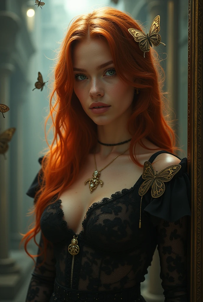 (solo, full body photo:1.3), (action packed:1.3), (haze, fog, mist:1.3), chiaroscuro, best quality, photorealistic, 1woman, (cute), (24yo:1.2), redhead, long ginger hair highly detailed, 1700'S, digital photography, art by artgerm and ruan jia and greg rutkowski surreal painting gold butterfly filigree, broken glass, (masterpiece, sidelighting, finely detailed Fashionable eyes: 1.2) (perfect oval large eyes that gazes at the viewer), beautiful detailed face, blue gorgeous perfect eyes, (blonde hair ponytail), (attractive young woman:1.3), (thick amazing hair), (seductive:1.1), (blushing:1.1)