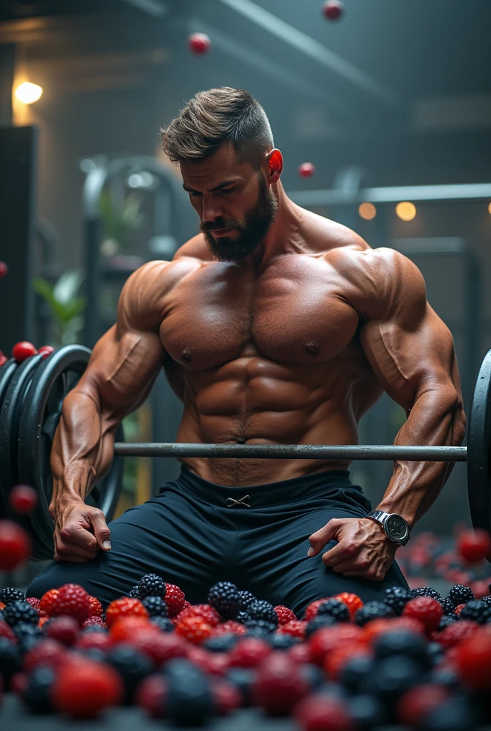  gym equipment with wild berries, with a strong man in the gym with blurred background