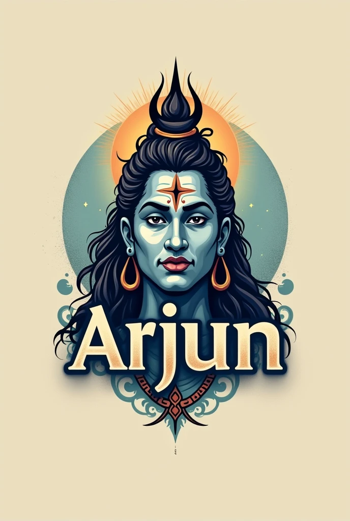 Create a logo name with "ARJUN🔱" with using this emoji 🔱 in the name and there is a eye shadow of lord Shiva in the background