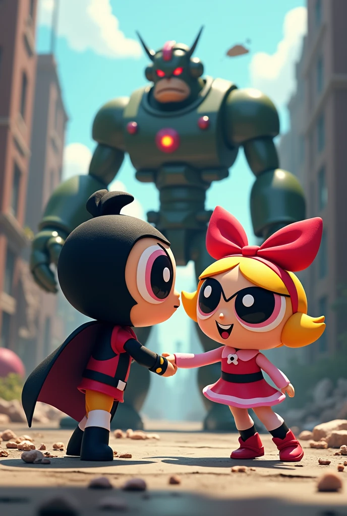 The robot stops inert, Mojo Jojo furiously tries to escape but Blossom captures him and hands him over to the police 
