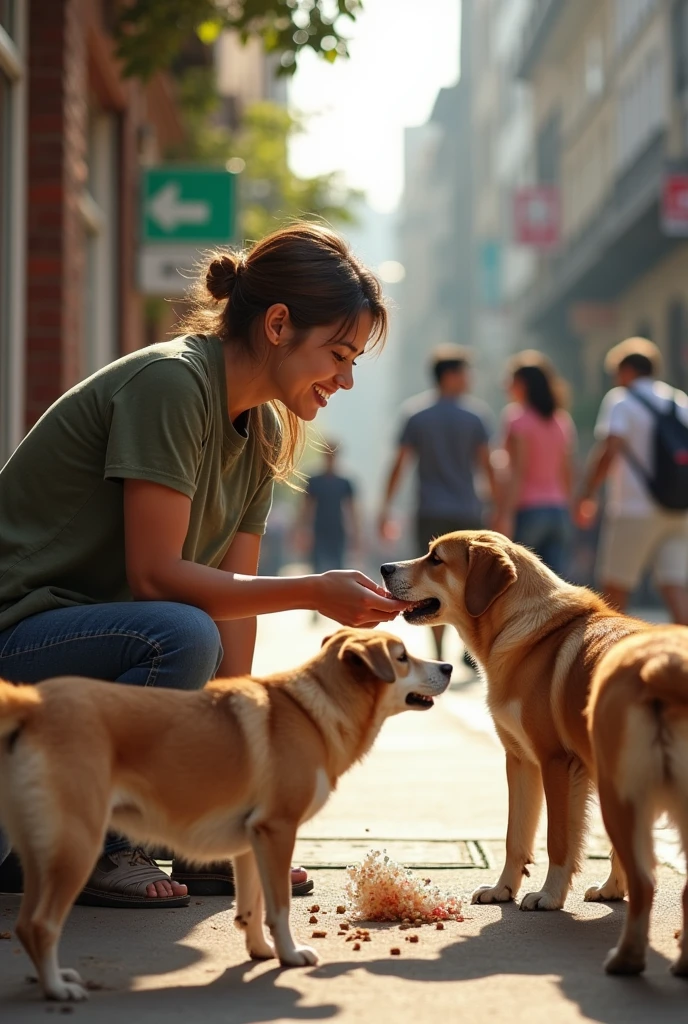 Generate a picture of me feeding street dogs ,clear and high quality image