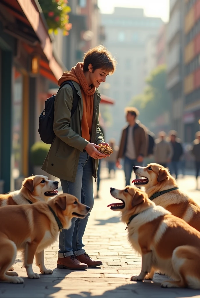 Generate a picture of me feeding street dogs ,clear and high quality image