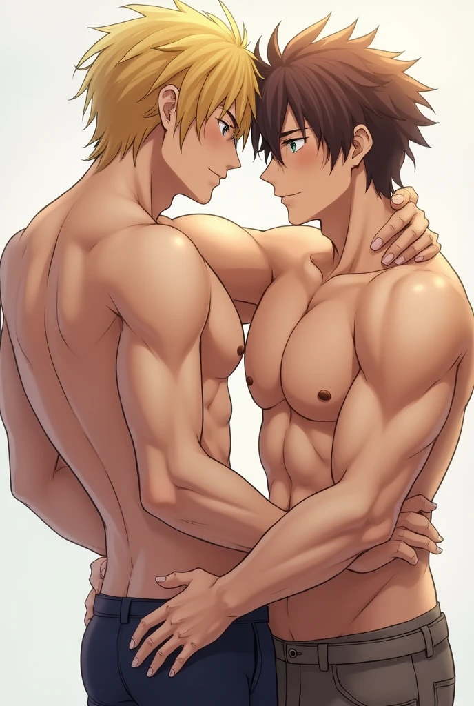 Create a hot yaoi image of a character with blonde hair and another with brown hair both are showing their dicks, The blonde haired one is grabbing the brown haired one's ass.
The one with blond hair is muscular, the brown haired one is just defined.
Both are men showing their big penises