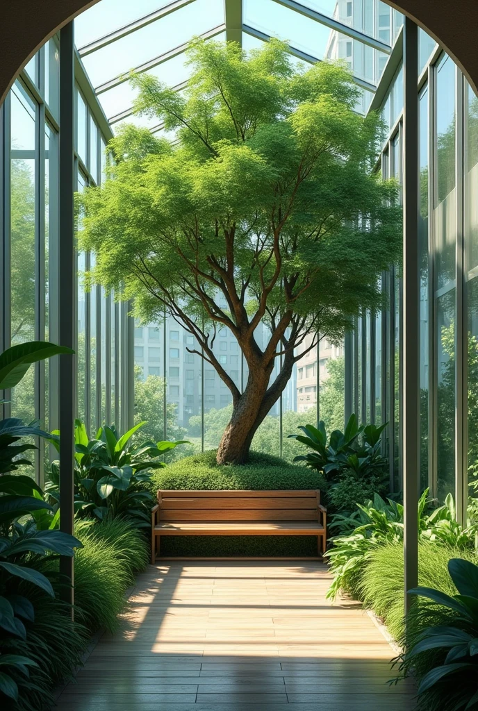 I need indoor garden covered by glass and i need that indoor garden including nice shadow tree and a bench under that tree 