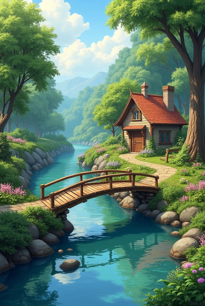 A small home attached with a river, a small bridge till middle of the river, flowers and trees nearby all over the environment
