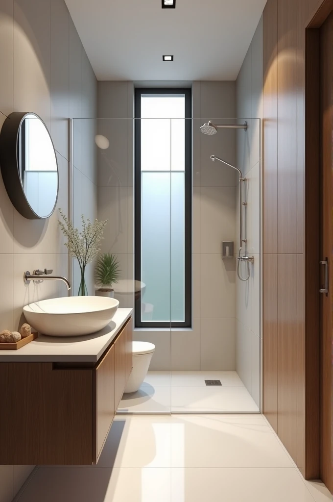 contemporary bathroom , small frosted glass window, super realistic render vray, with glass box up to the ceiling , suspended sanitary ware, stone sink countertop, wooden panel ,premium bathroom design, Cinematic Soft Vray,high quality rendering, render vray, Smooth, studio-quality rendering, vray 8k rendering, very realistic 3D rendering, render in vray, very realistic render