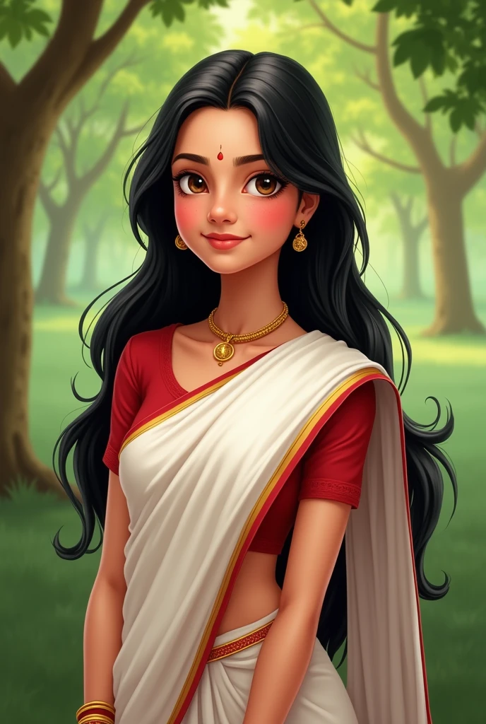 A cute 18-1 Bengali girl with long, thick black hair that falls down to her waist. She has a sweet smile and bright brown eyes that reflect a gentle warmth. The girl is wearing a traditional white and red saree, giving her a charming and graceful look. She has a small red bindi on her forehead and gold bangles on her wrists. She is standing in a lush green garden with a kanchan flower tree in the background, which enhances her beauty even more."