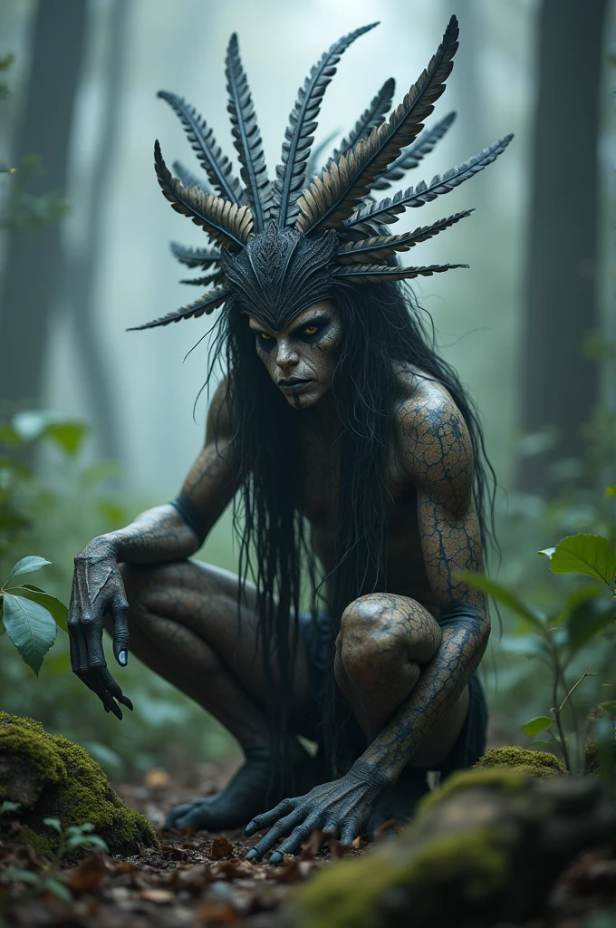 Generate a highly detailed and atmospheric scene of a mystical forest creature crouching in a misty woodland setting. The creature has an otherworldly appearance, with intricate body paint resembling cracked earth, and wears elaborate feathered adornments, including a headdress made of dark and light feathers. The creature's face is partially masked, with sharp, angular features and intense, almost haunting eyes. The environment around is dense with fog, with tall trees and §4.7K moody, ethereal ambiance, emphasizing the creature's connection to the mystical forest