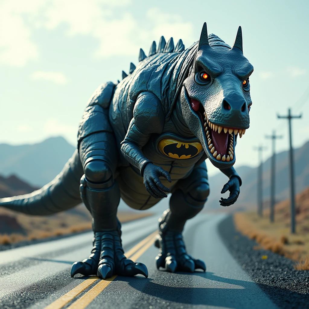 Create a realistic image, on the long road, a T rex with batman's body is made up of batman's iconic composed of elements , image will be cool and shiny.