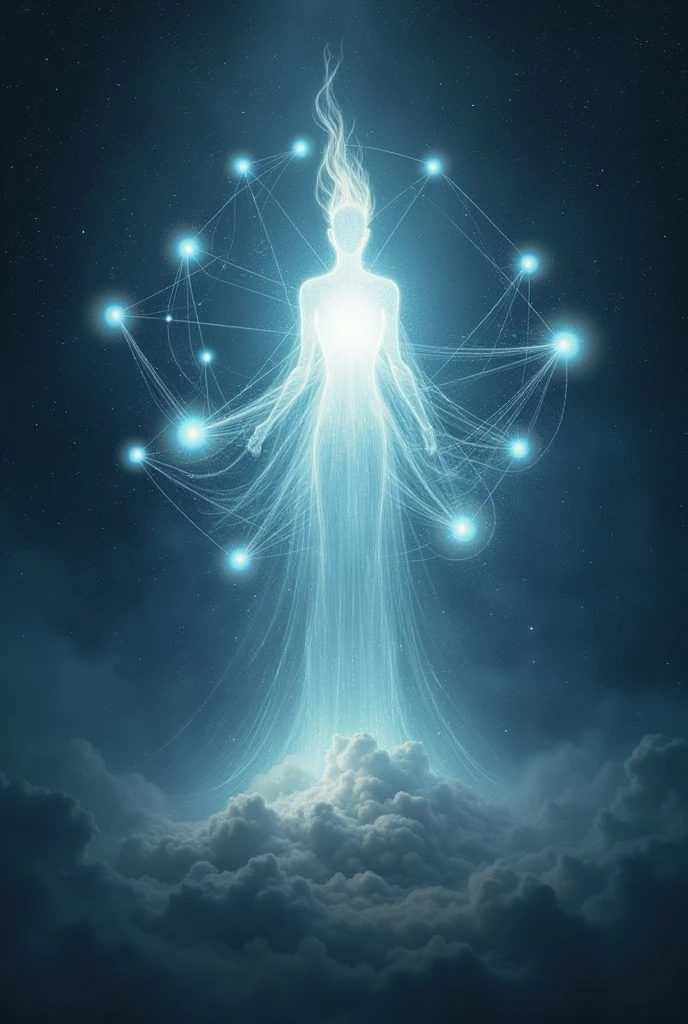 The unit On a black background with stars a bright light in the center like a flame of white Fire symbolizing our creator Infinite balls of lights around symbolizing the spirits all united by white threads in the center