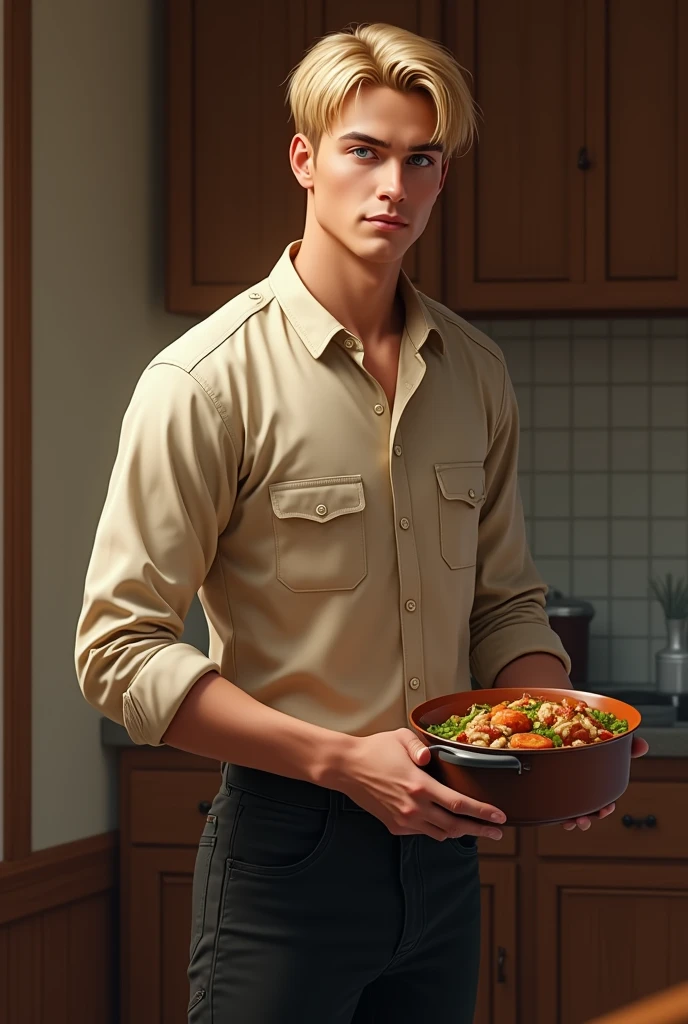 Create an image: a realistic young adult with blonde hair, metallic blue eyes, with beige shirt and black pants with pocket, he is handsome and is in a wooden room holding a pot with food. Add a lot of realism