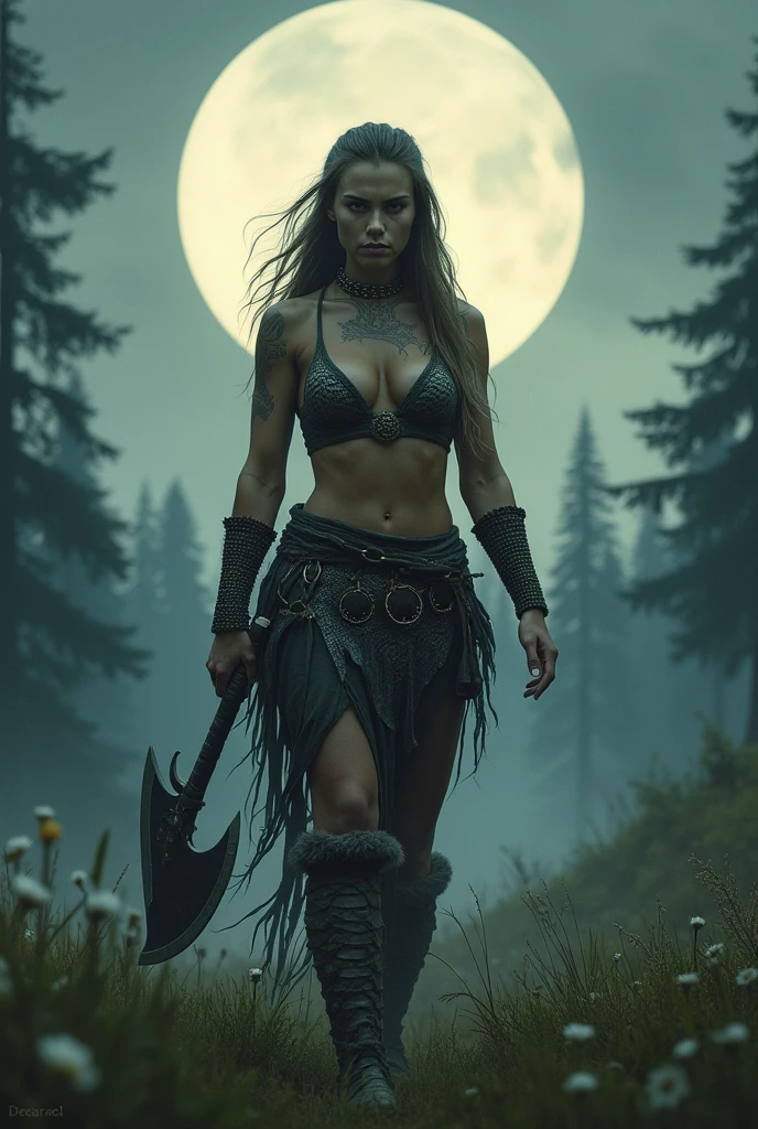 Female Viking holding axe while standing topless in a meadow with chain mail bottom in front of forest during a full moon