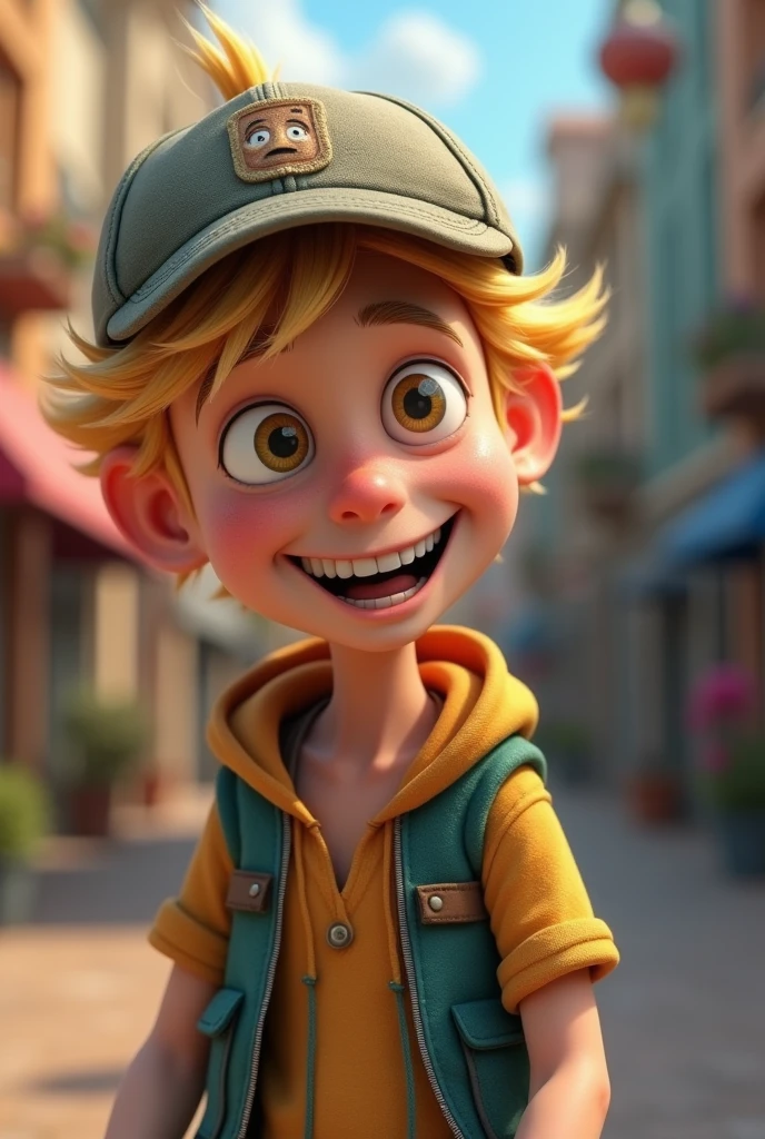 A blond man with a cap acting funny