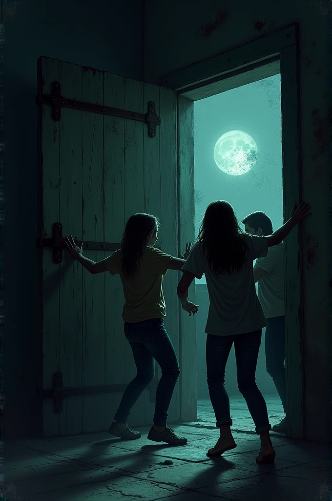 Prompt: "A group of panicked friends trying to open a heavy, old door, but it's firmly shut. The door is large, with rusted iron hinges, and the wood is aged and splintered. Outside, the night is pitch black, and the only source of light is the faint glow of the moon through a small, dirty window."