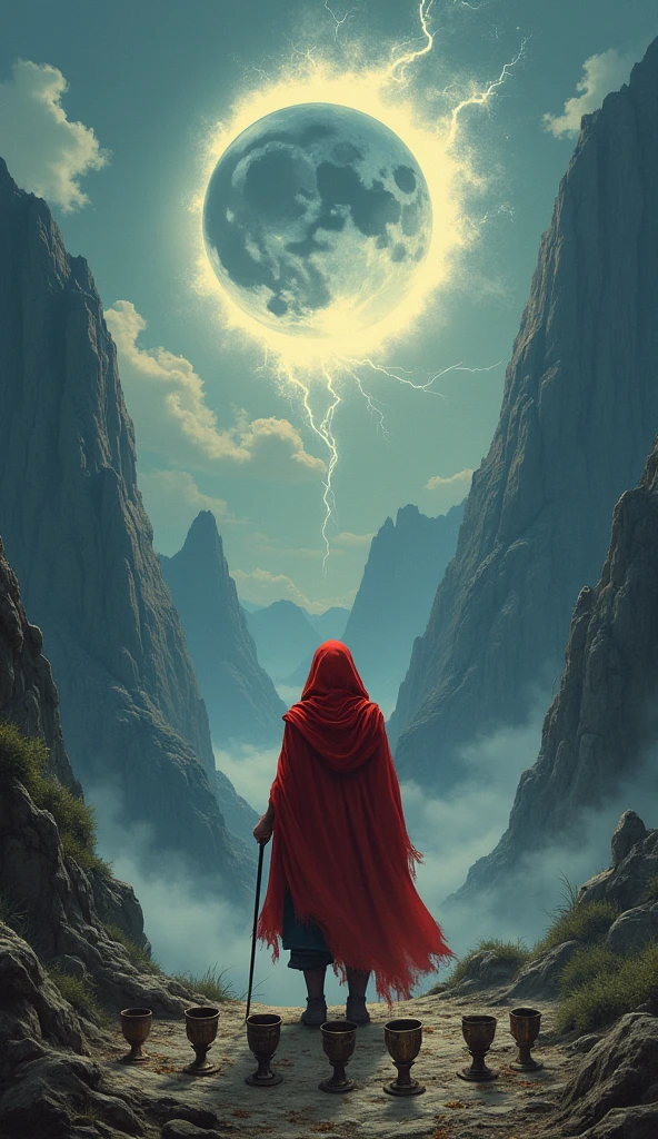 In the context of a barbaric Sumer, land of sorcery and formidable warriors, The image shows a human figure from behind, Walking towards a mountainous terrain under the moonlight. The figure seems to be leaving something important behind..Cups: At the bottom of the letter, There are eight cups arranged in an irregular formation. Seven of the cups are aligned at the base, while one is separated, indicating that something is incomplete or missing.landscape: The terrain is rocky and difficult, symbolizing the challenge and uncertainty of the path the figure has decided to take. The sky is dark, with a full moon and an eclipse, suggesting a moment of introspection and change. CLOTHES: The figure is wearing a red cape, which can symbolize passion and determination, and a cane, representing support and guidance on the journey. The image represents the 8 of cups of the traditional tarot, but in the context of a land of Sumerian barbarians.