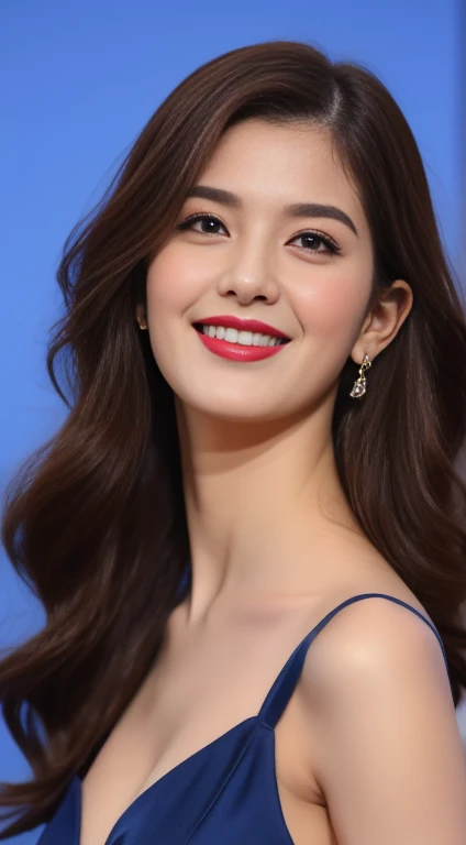 Tall and slender beauty、Beauty in suits、Colossal 、undershirt、Cool beauty、Career woman、Japan beauties、modeled、tiese,Hotel lobby
(top quality、8k、masterpiece:1.3))、30-year-old Korean woman,sharp focus, High level of image quality, high resolution,facial focus,Portrait ID photo,Upper body photo。Draw lips correctly, red lipstick,Wear a blue shirt,blue suit,red bow tie。wavy long hair,Mature,charming smile,Pink warm color background,solid color background