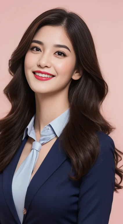 Tall and slender beauty、Beauty in suits、Colossal 、undershirt、Cool beauty、Career woman、Japan beauties、modeled、tiese,Hotel lobby
(top quality、8k、masterpiece:1.3))、30-year-old Korean woman,sharp focus, High level of image quality, high resolution,facial focus,Portrait ID photo,Upper body photo。Draw lips correctly, red lipstick,Wear a blue shirt,blue suit,red bow tie。wavy long hair,Mature,charming smile,Pink warm color background,solid color background
