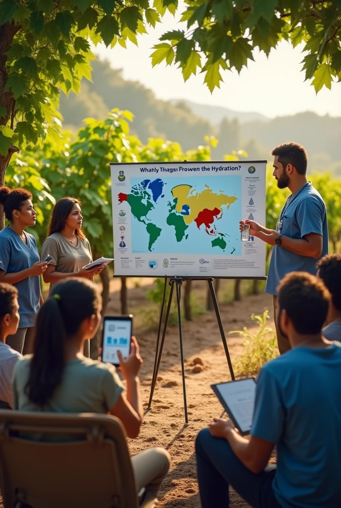 Create an image of a health presentation on the importance of hydration for workers on a grape plantation (remember to show the workers drinking water during the lecture, with interactions with the healthcare team presenting slides) (now create a dynamic between workers)