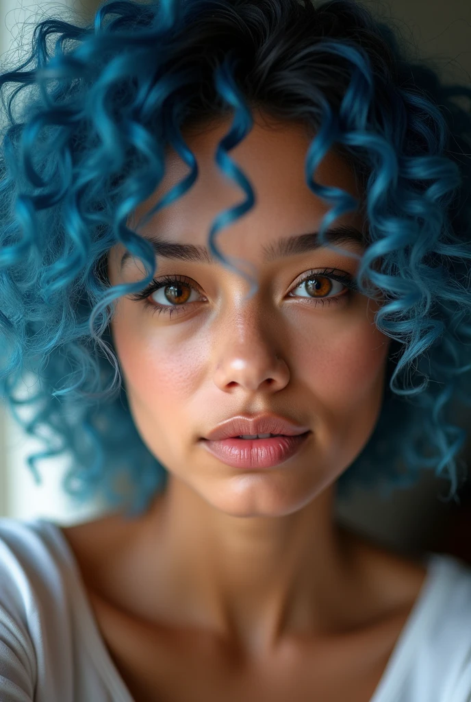 ((Hyper-realistic)) ((hyperdetailed)) high quality image of a Blasian girl with beautiful (( expressive brown eyes)) cute mouth ((attractive lips)) blue hair, girl with curly hair, ((lifelike skin texture)) wearing a white trendy top ((detailed skin)) curly hair tied up ((hyperrealistic)), asian, Blasian, 20 yo adorable female, Blasian, Fujifilm, XT3 grain, selfie, UHD, high quality, A masterpiece, best quality, 8k