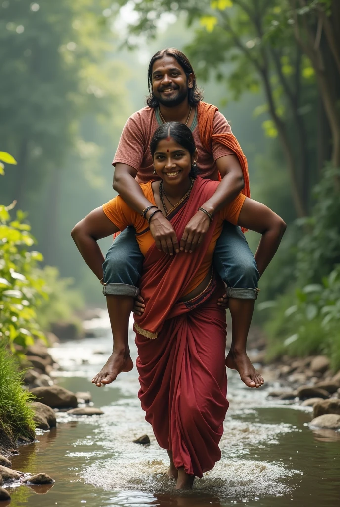 Sexy indian village ragpicker young woman us carrying a large man on her head, man is sitting on her shoulders, nearby a river , natural smile