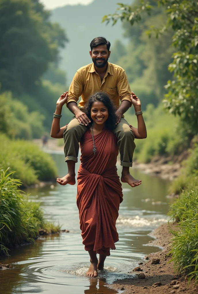 Sexy indian village ragpicker young woman us carrying a large man on her head, man is sitting on her shoulders, nearby a river , natural smile 