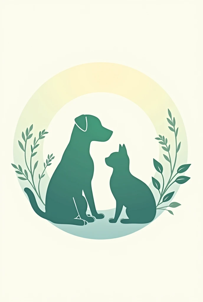 I want a flat design of a logo with a circle of light or energy surrounding the silhouette of an animal (dog and cat) with symbols of flowers and leaves around. Shades of green and blue to represent nature and calm.