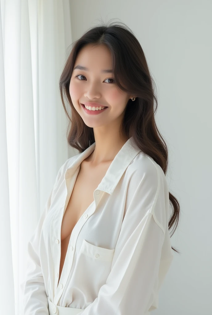 young woman, 2, dark brown hair, small chest, thin face, white wall, without decoration, in long white shirt, in front of white curtains, tanned, very tanned, smiling