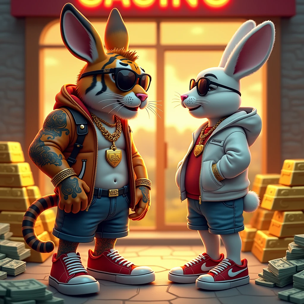 create a tiger character, with tattoos, with gold chains, with sunglasses, jeans, with red sneakers with white details, talking to a rabbit character, with a white jacket, denim shorts, sunglasses, in front of a casino store, with gold bar boxes around, and bundles of money around, in your office, high resolution realistic image