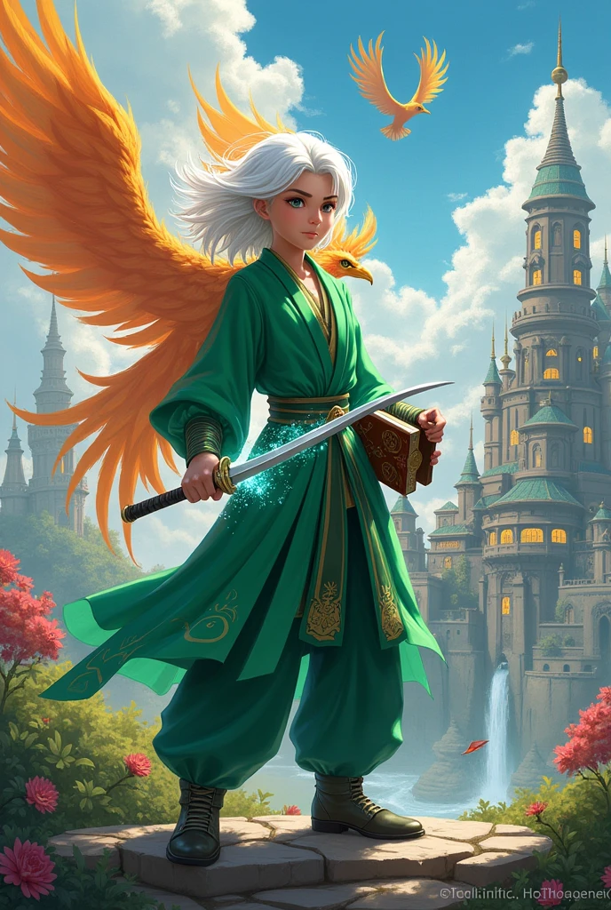 A 2D fantasy illustration, a young samurai in a green suit and white hair, Four magic sabkes and a magic book, background of a magical kingdom and a majestic phoenix at its side.