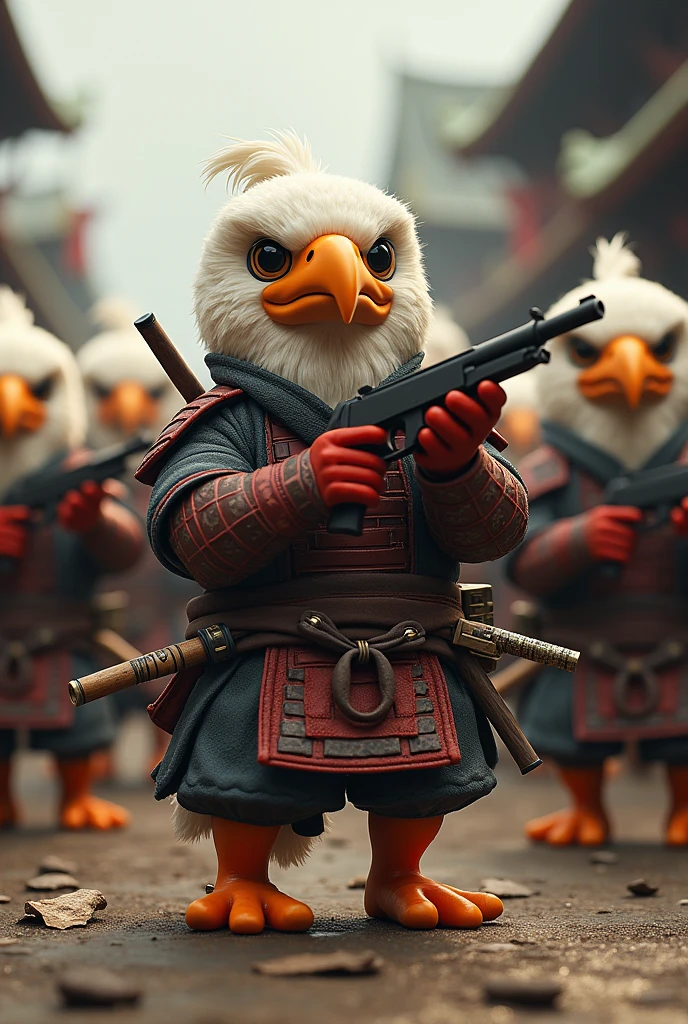 Stuffed eagle dressed as a samurai Bring along your stuffed animal companions All the stuffed animals are eagles Make them all stuffed eagles 10 friends is good The weapon is a gun They're all eagles